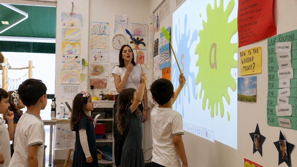 Professora ensinando alunos alfabetização bilíngue