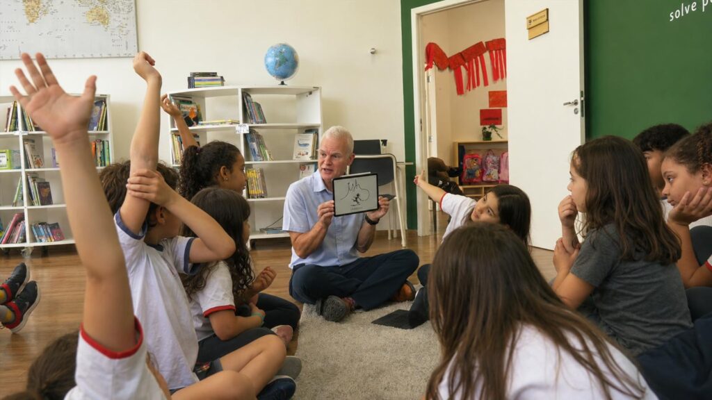 professor em escola bilingue ensina crianças de 7 anos