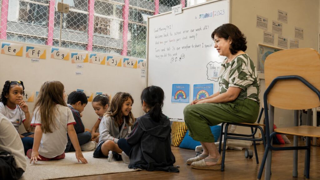 Professora orientando durante atividade da escola bilíngue GIS São Paulo